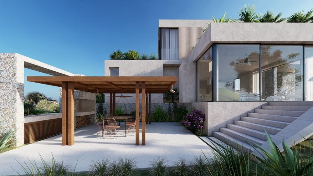 3D vizualizácia: bočný pohľad na vilu H3358, ktorá je na predaj v Chorvátsku.