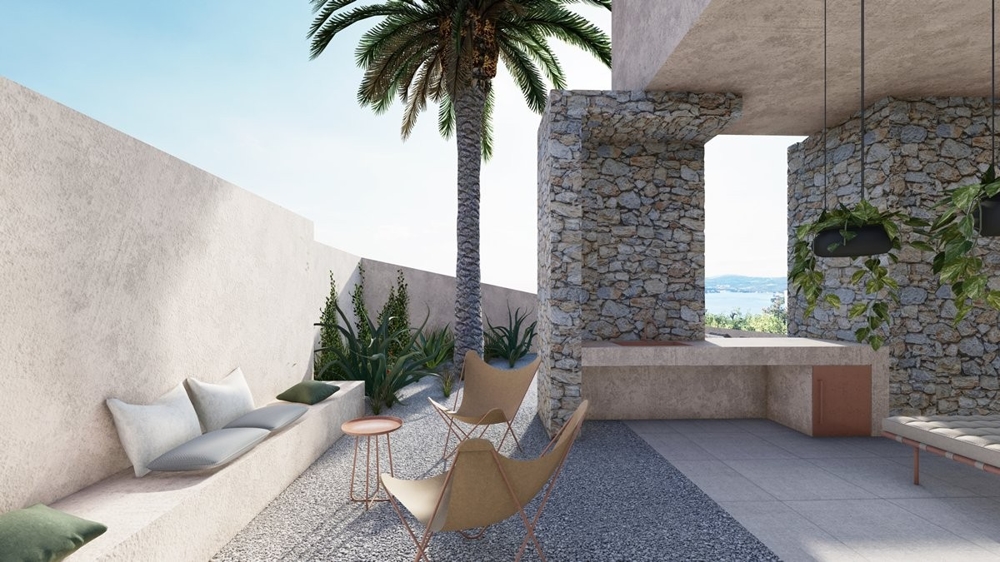 Obývacia izba s výhľadom na more vo vile H3358 neďaleko Rogoznice v Chorvátsku.