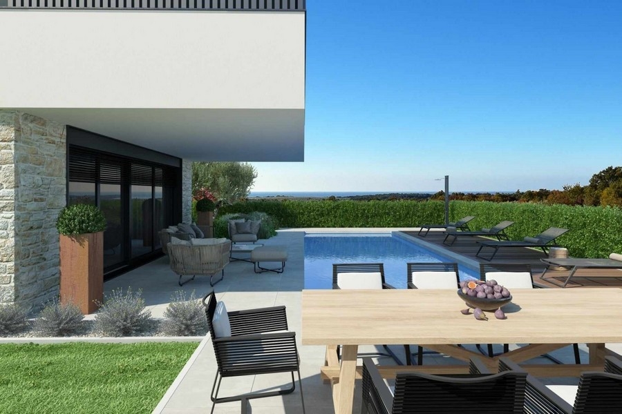 Moderná terasa s bazénom a posedením