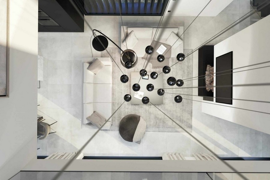 Letecký pohľad na obývačku s moderným dizajnom