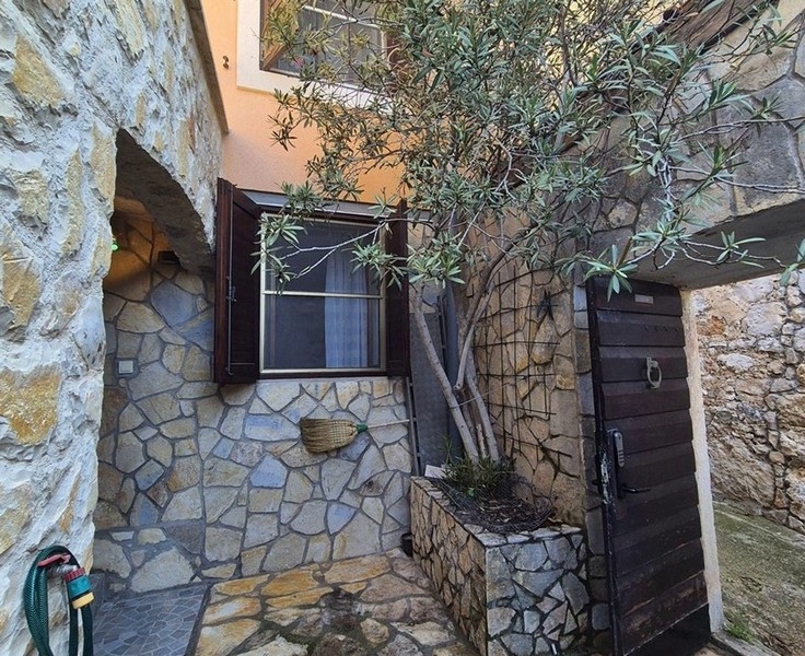 Malý dvor s kamenným múrom a olivovníkom, ako aj vstupné dvere.