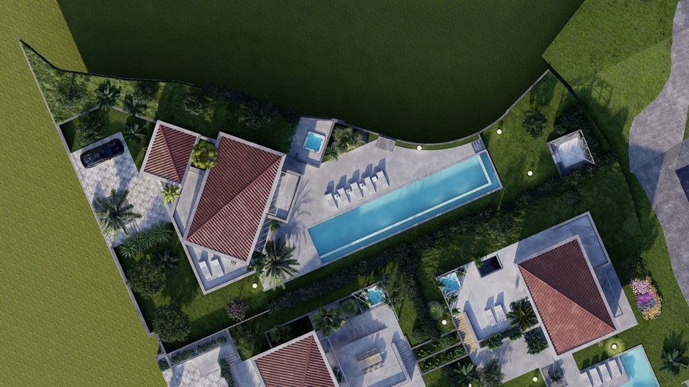 Pohľad na Vilu H3473 v Chorvátsku z vtáčej perspektívy s výhľadom na strechu a bazén.