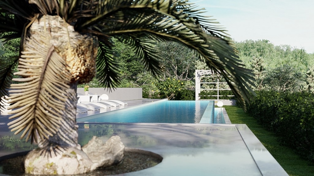 Stredomorská terasa s palmou a bazénom.
