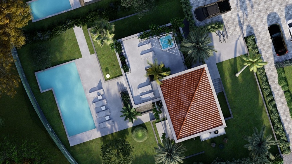 Letecký pohľad na vilu s bazénom a záhradou