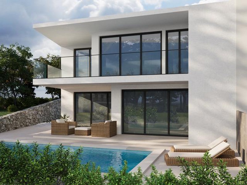 3D obraz nového dvojdomu s bazénom na predaj v Chorvátsku.