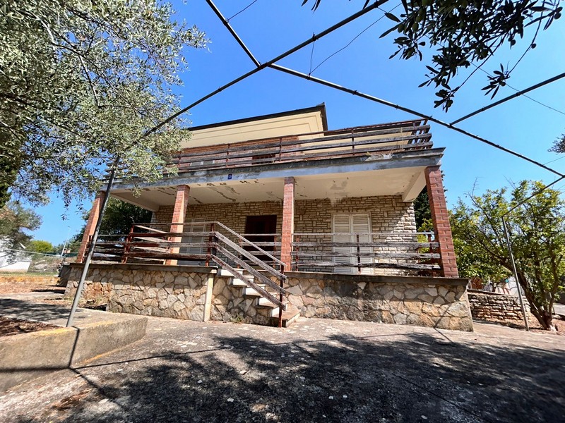 Vonkajší pohľad na dom s veľkou terasou a olivovníkmi