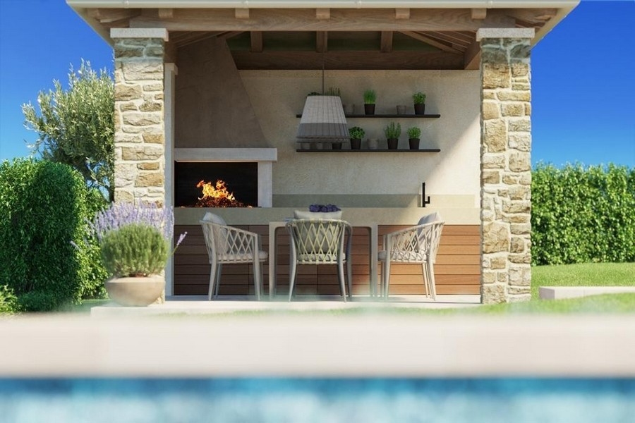 3D vizualizácia letnej kuchyne pri bazéne.