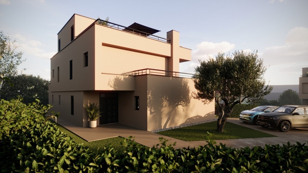 Zadná strana a pohľad na parkovacie miesta vily H3516.