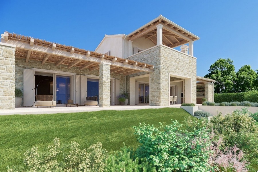 Vonkajší pohľad na luxusnú vilu s terasou a záhradou