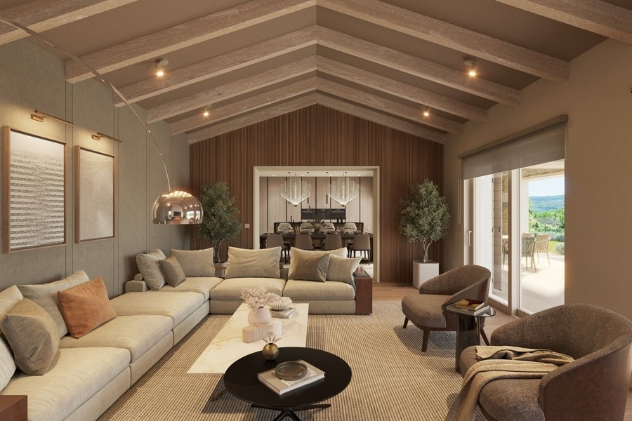 Elegantná obývacia izba s trámovým stropom