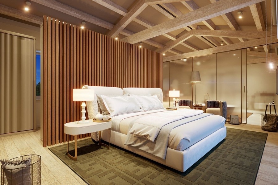 Spálňa s kvalitným nábytkom a osvetlením