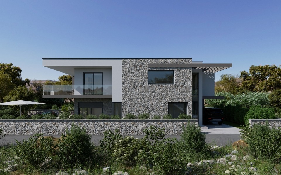 Bočný pohľad na vilu H3610, ktorá je na predaj v Murter, Chorvátsko.