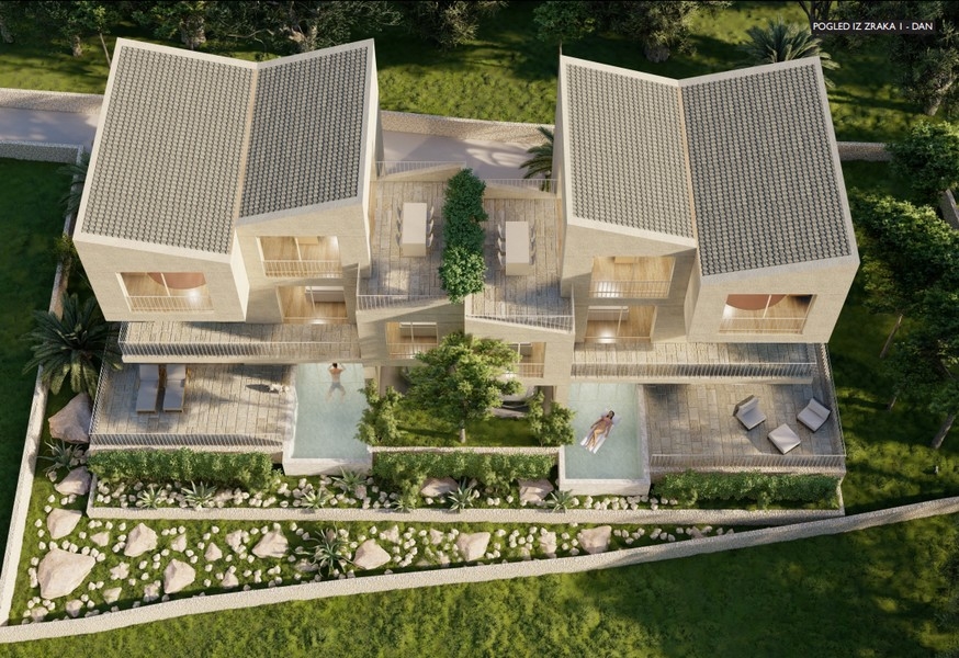 Vizualizácia moderného dvojdomu s bazénom od architekta, denný pohľad diagonálne hore