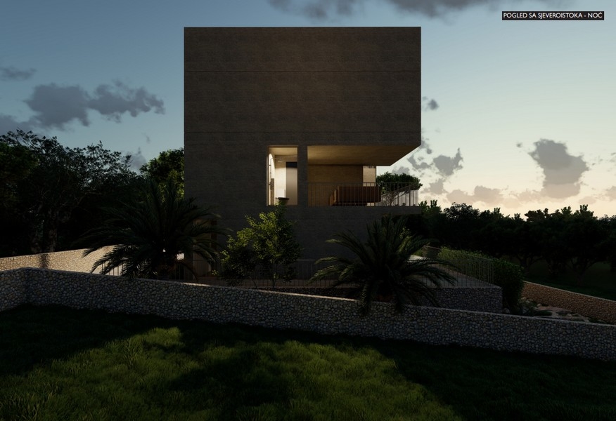 Vizualizácia bočného pohľadu na vilu H3615 v noci
