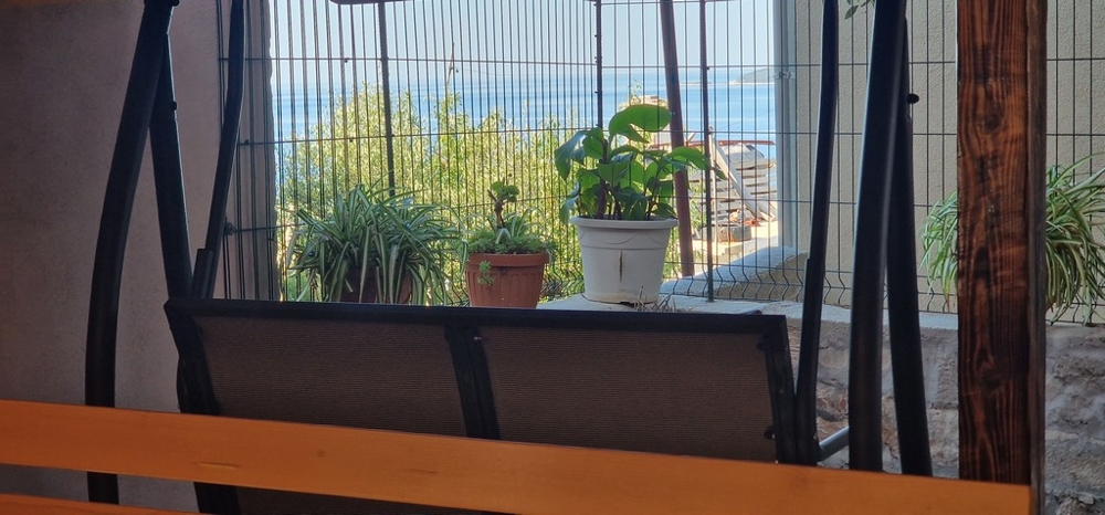 Výhľad na more z terasy s rastlinami v črepníkoch