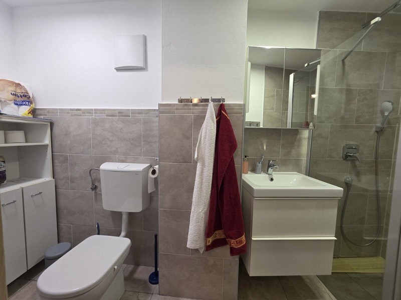 Moderná kúpeľňa so sprchovacím kútom, WC a umývadlom