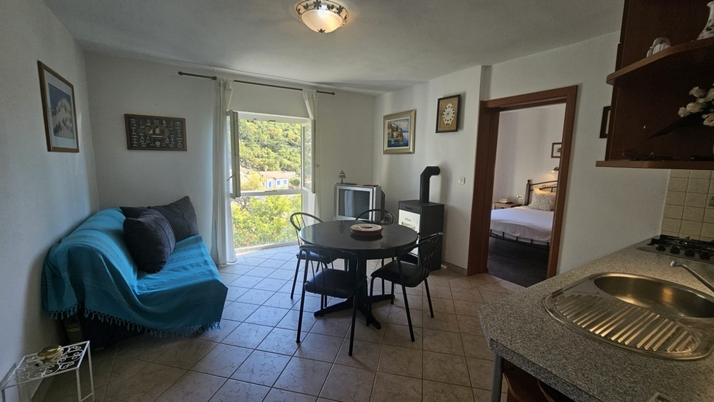 Obývacia izba s pohovkou, jedálenským stolom a kuchynským kútom