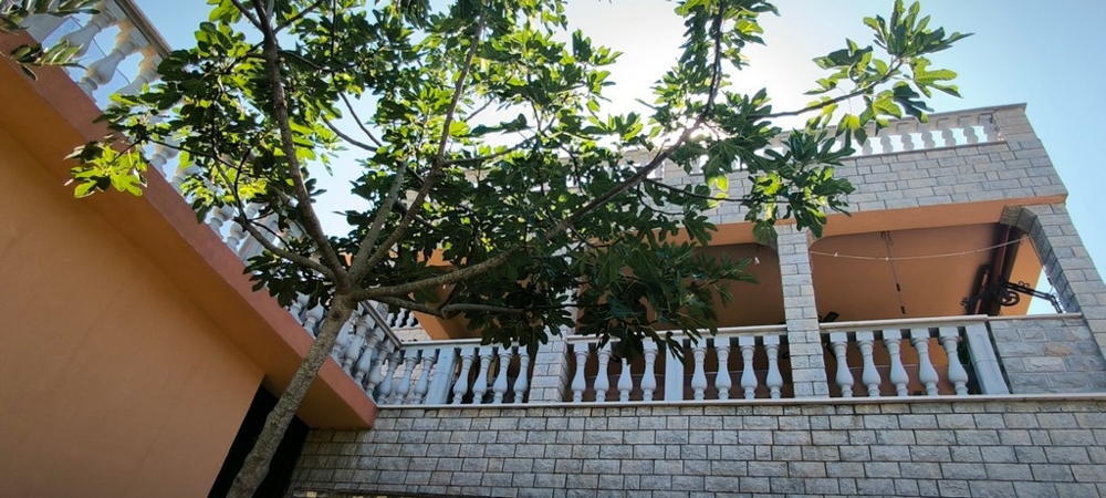 Fasáda domu s balkónom a stromom v popredí