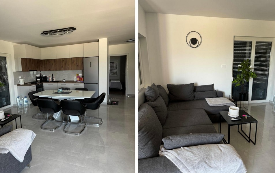 Obývacia izba s kuchyňou a posedením v Haus Vir