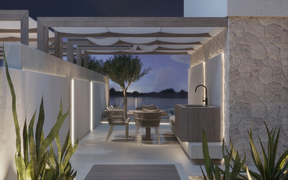 Moderný vonkajší areál nehnuteľnosti H3723 pri mori v Sukošane.