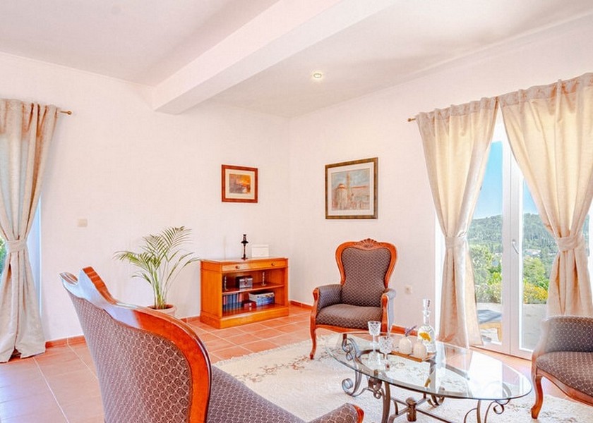 Obývacia izba s klasickým nábytkom a výhľadom do záhrady