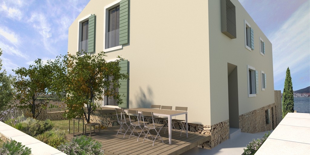 Vizualizácia vonkajšieho pohľadu na dom priamo pri mori