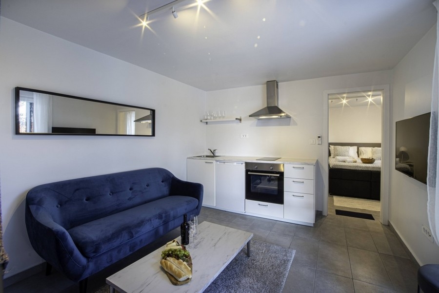 Obývacia izba s pohovkou a otvorenou kuchynkou