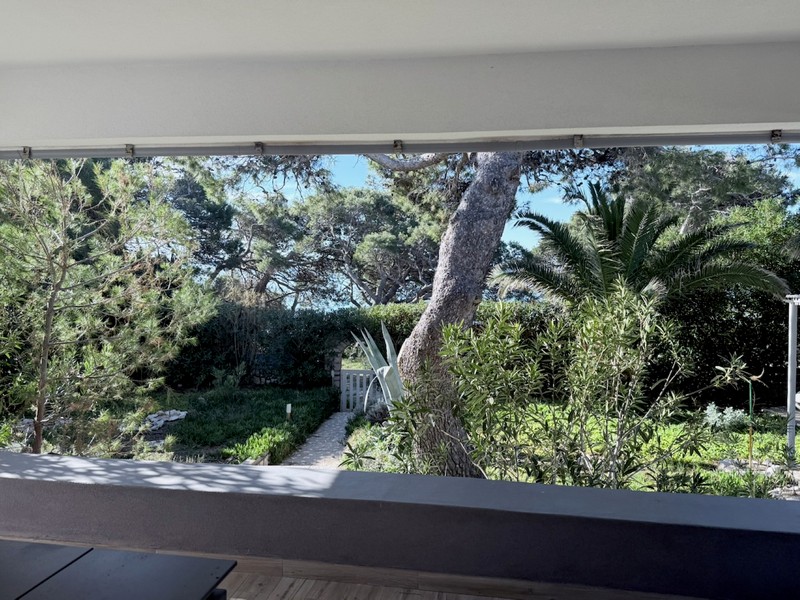 Výhľad z balkóna do zelenej záhrady so starými stromami a súkromím