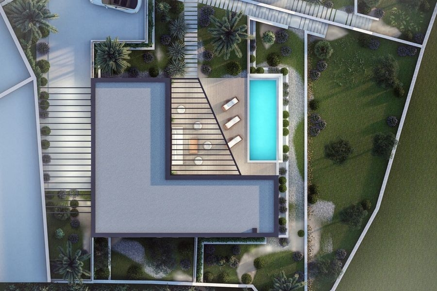 Vonkajší pohľad na vilu s veľkými oknami