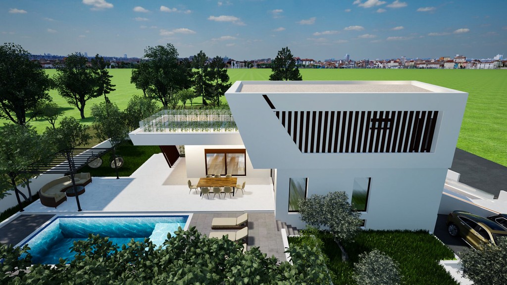 Bazén pred obytnou časťou s veľkými sklenenými plochami